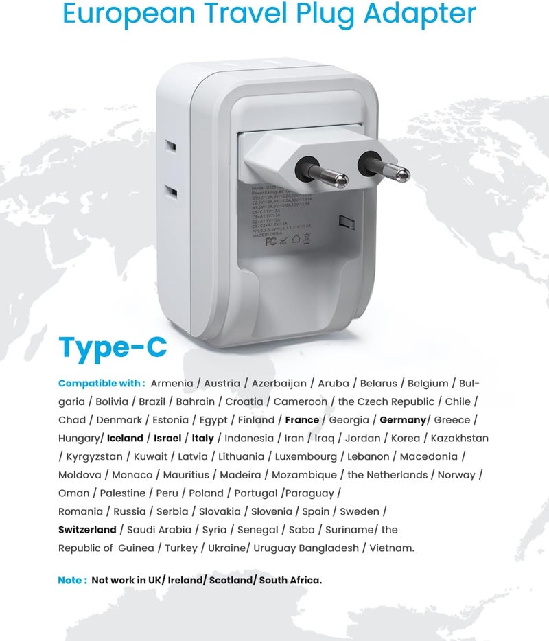 VINTAR محول سفر أوروبي 2 حزمة، محول نوع C قابل للطي PD 20W مع 4 مآخذ AC و 3 منافذ USB (2 USB C)، شاحن أساسي للسفر من الولايات المتحدة إلى معظم دول أوروبا EU إيطاليا إسبانيا فرنسا - Image 5